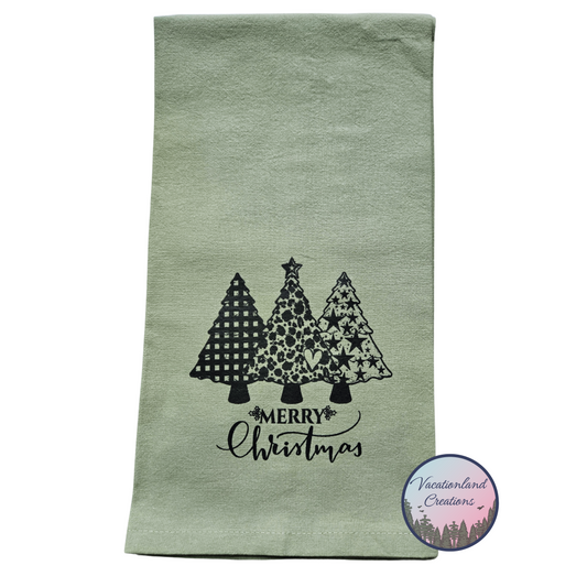 Merry Christmas Patterned Trees Tea Towel Ready to Ship